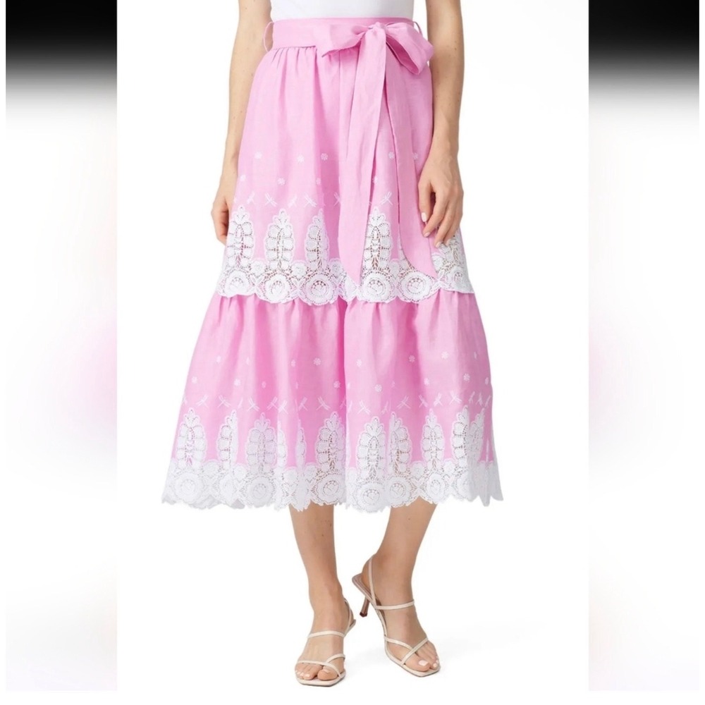 Rent the Runway Pink Linen Lace Eyelet Tiered Midi Skirt Dragonfly Embroidery